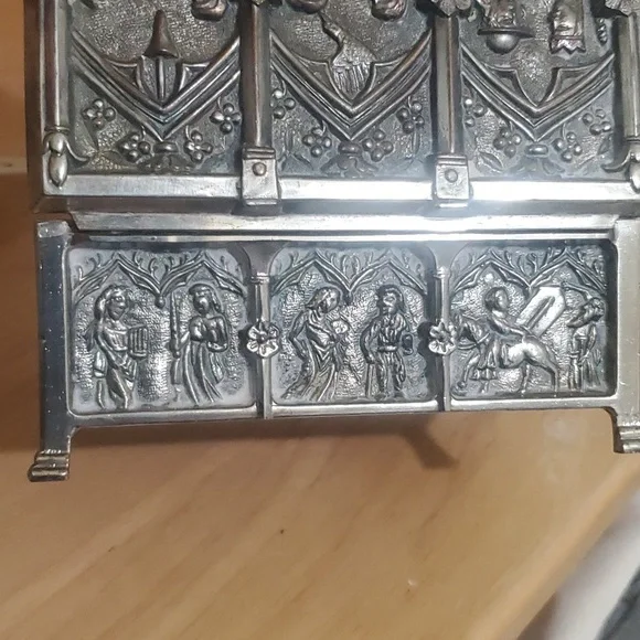 Gothic Revival Bronze Jewelry Box with Biblical Scenes in Church Window Panels